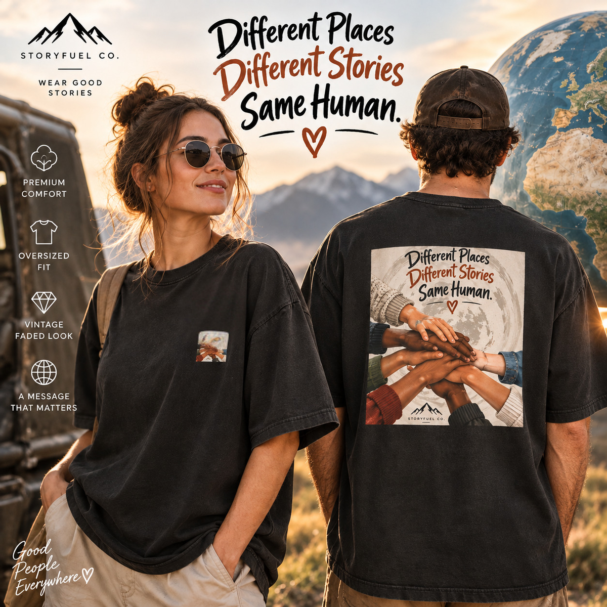 Different Places. Different Stories. Same Human. Oversized Faded T-Shirt
